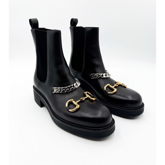 Gucci Deva Horsebit Chain Ankle Boots Combat Black Leather EU 41 US 11 - Picture 2 of 10